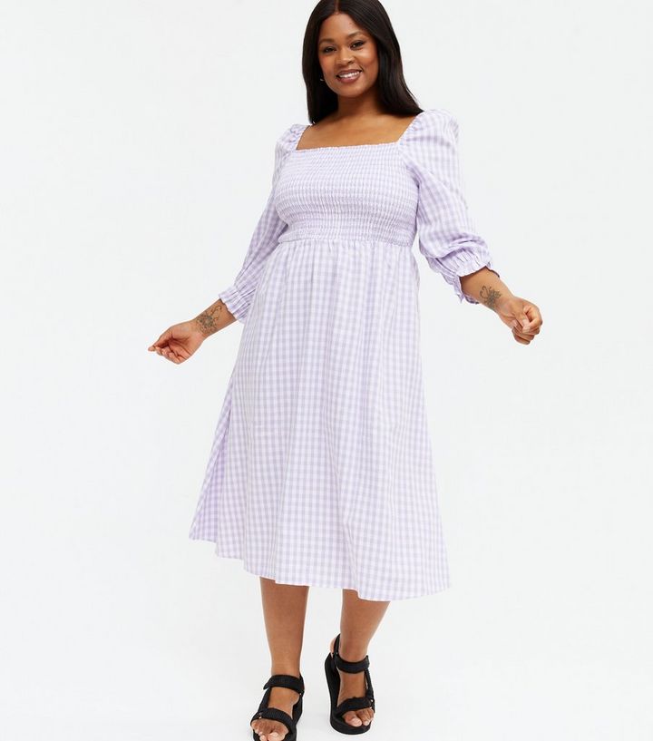 Curves Lilac Gingham Textured Square Neck Midi Dress new look