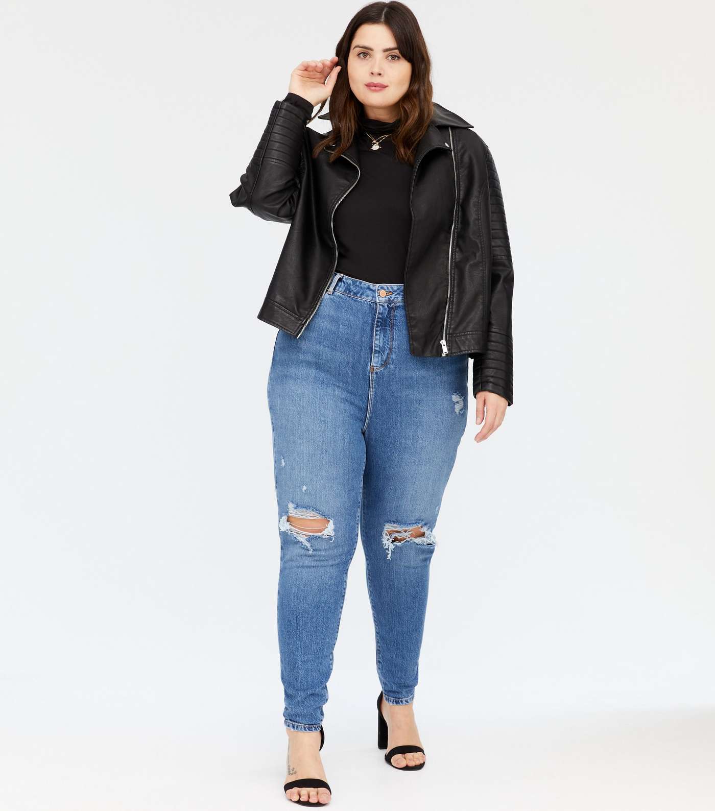 Curves Blue Ripped Knee Tori Mom Jeans