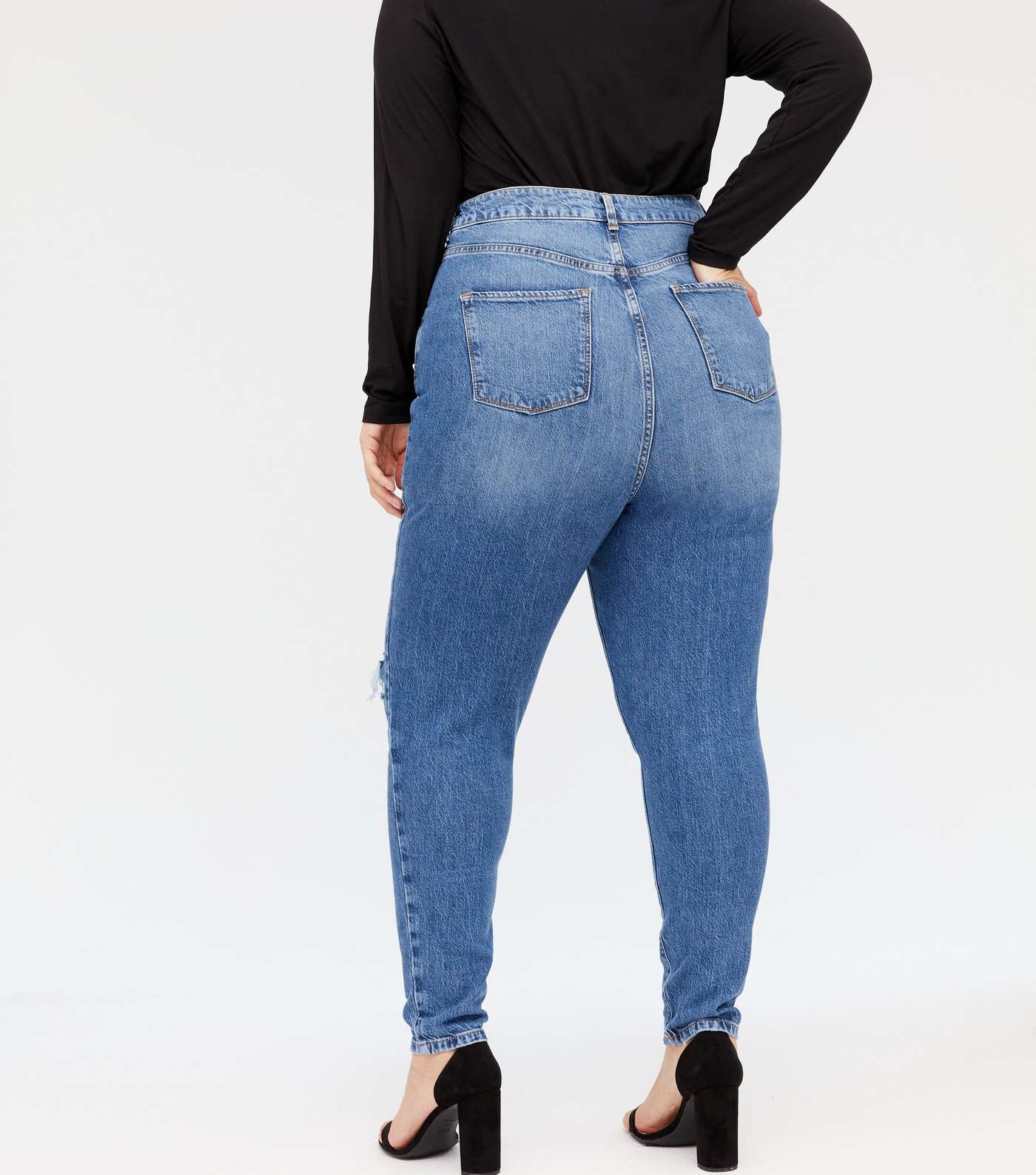 Curves Blue Ripped Knee Tori Mom Jeans Image 3