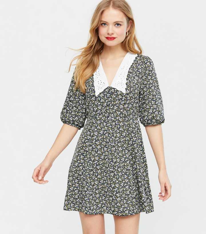 Black Ditsy Floral Broderie Collar Mini Dress 