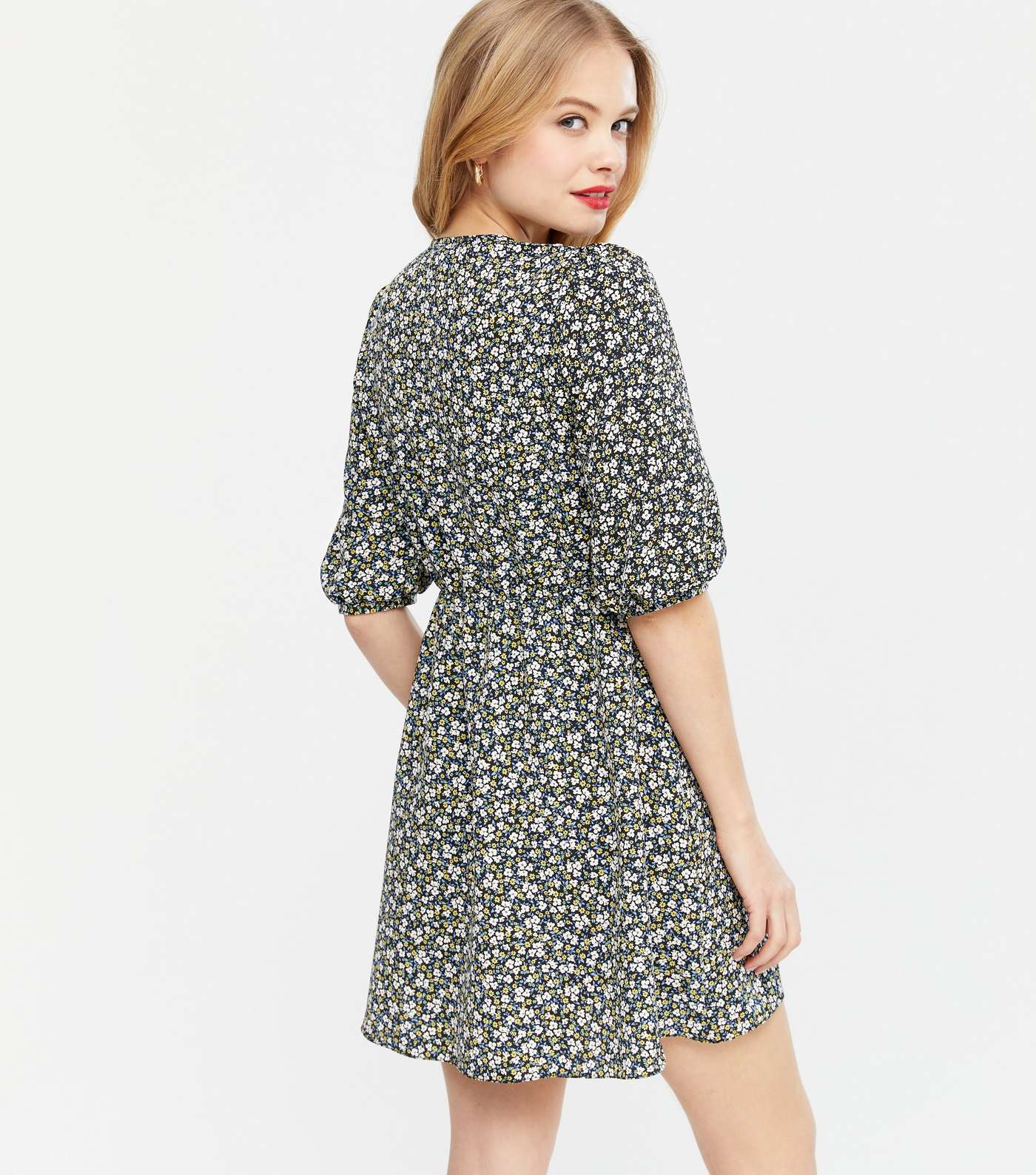 Black Ditsy Floral Broderie Collar Mini Dress  Image 3