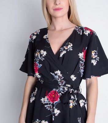 Image of Cutie London Black Floral Wrap Dip Hem Midi Dress New Look