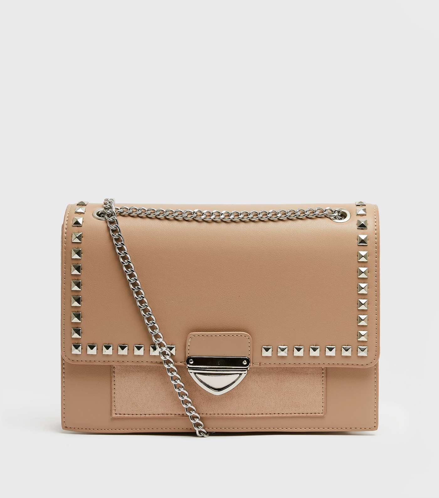 Tan Leather-Look Studded Chain Strap Bag
