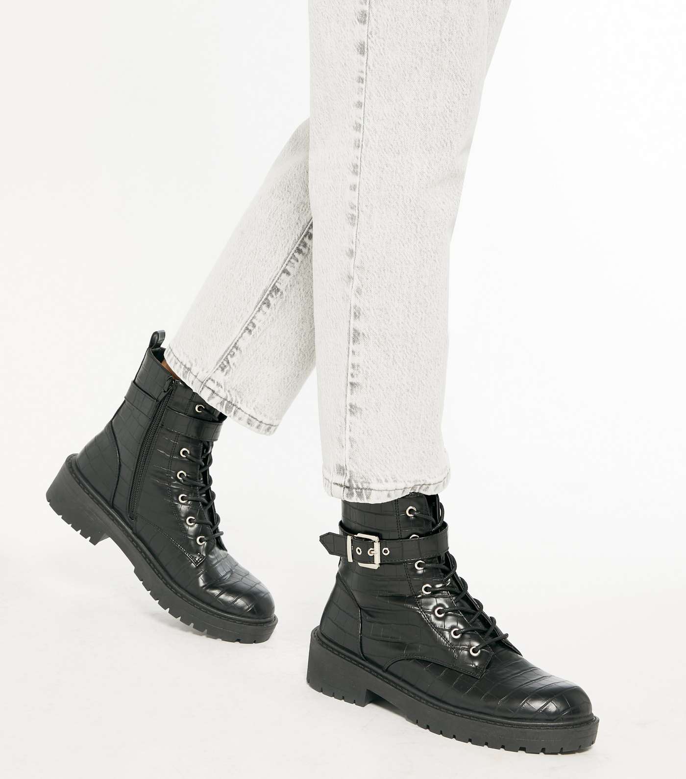 Black Faux Croc Buckle Strap Chunky Boots