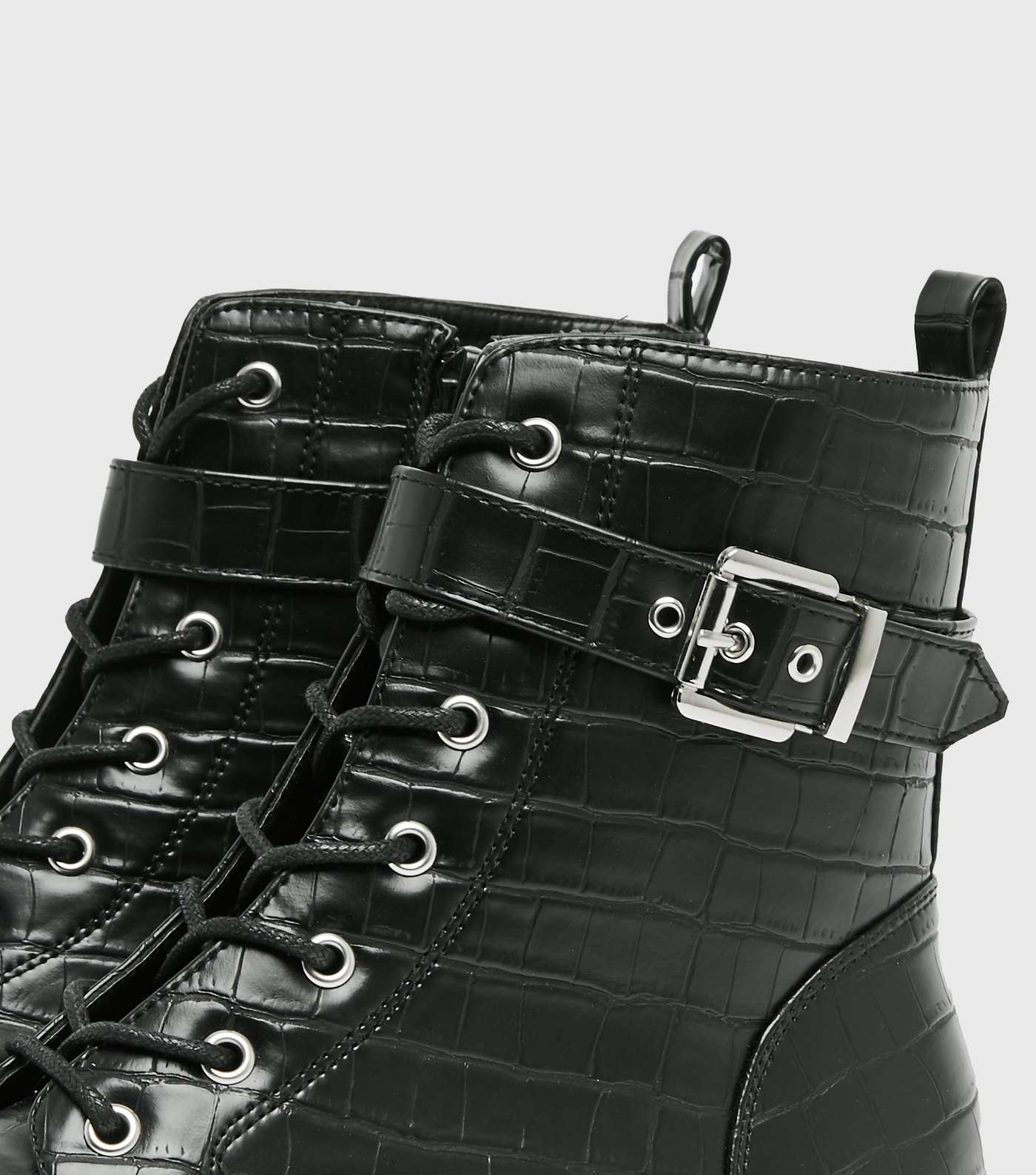 Black Faux Croc Buckle Strap Chunky Boots Image 3