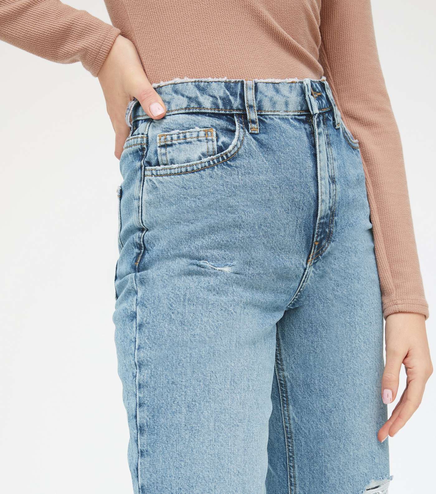 Blue Mid Wash Ripped Knee Crop High Waist Tori Mom Jeans Image 5