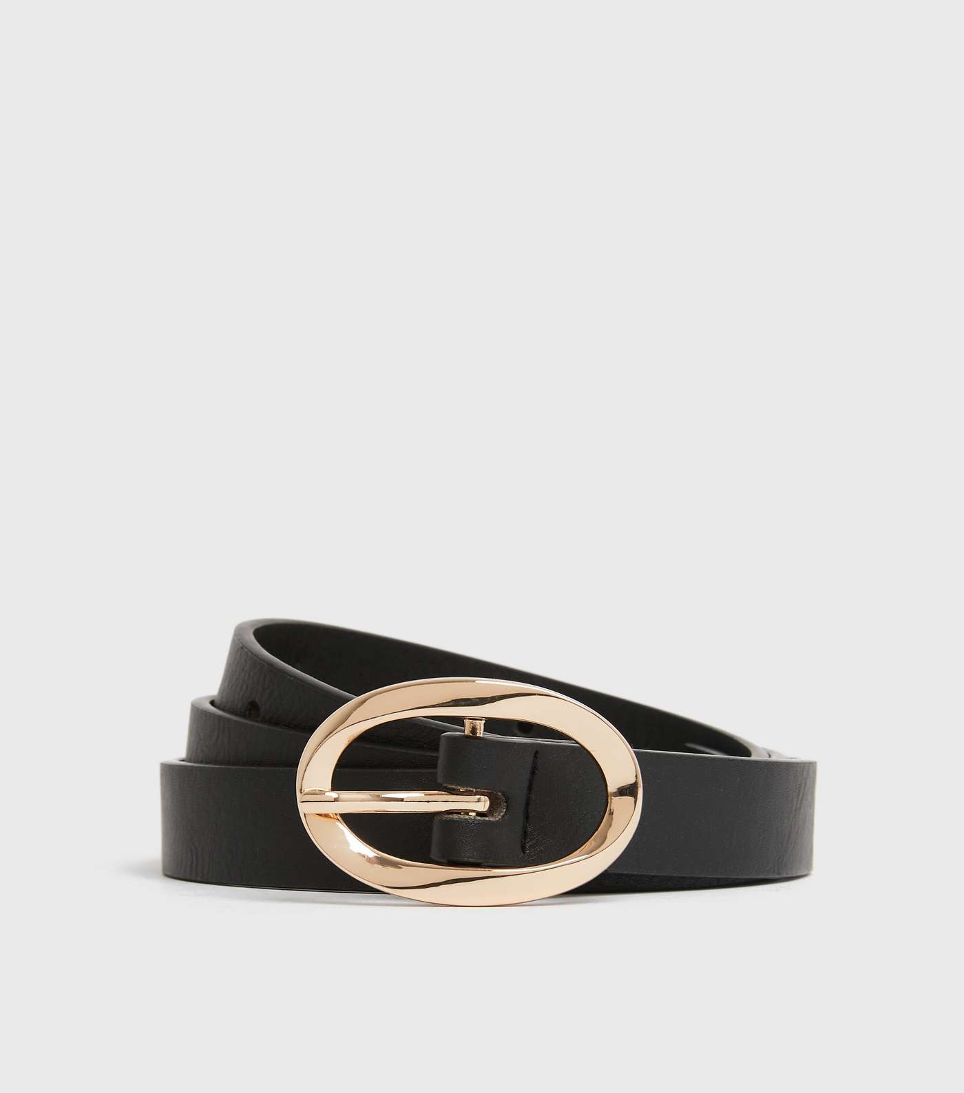 Black Leather-Look Oval Buckle Skinny Belt