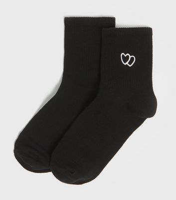Image of Black Double Heart Embroidered Ankle Socks New Look