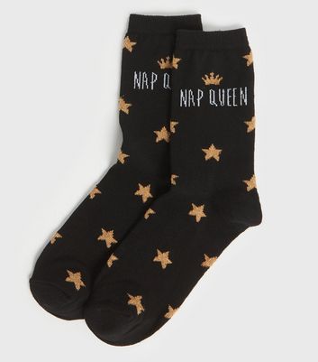 Image of Black Glitter Star Nap Queen Socks New Look