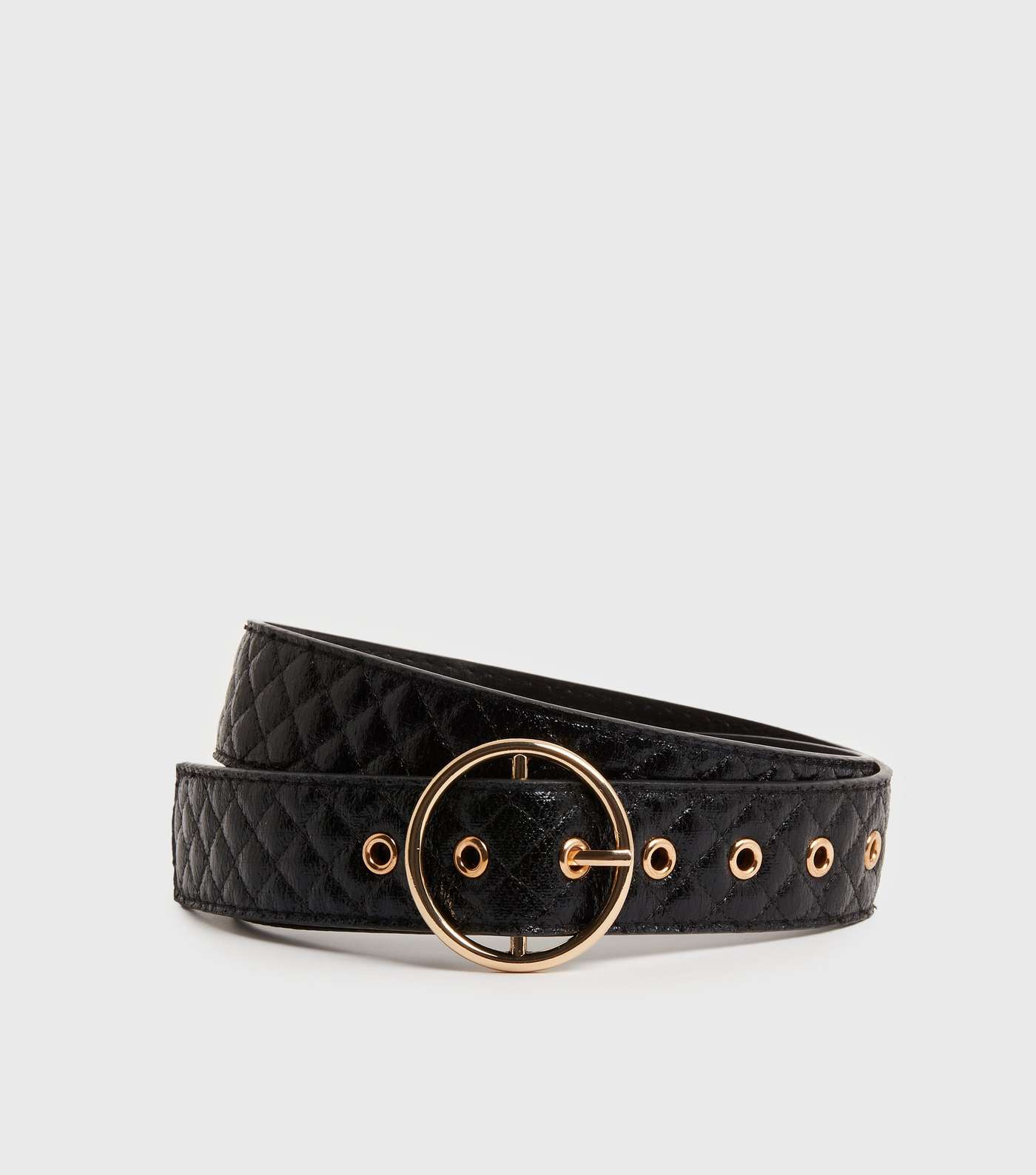 Black Quilted Leather-Look Circle Buckle Belt