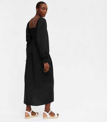 Tall Black Shirred Puff Sleeve Midi 