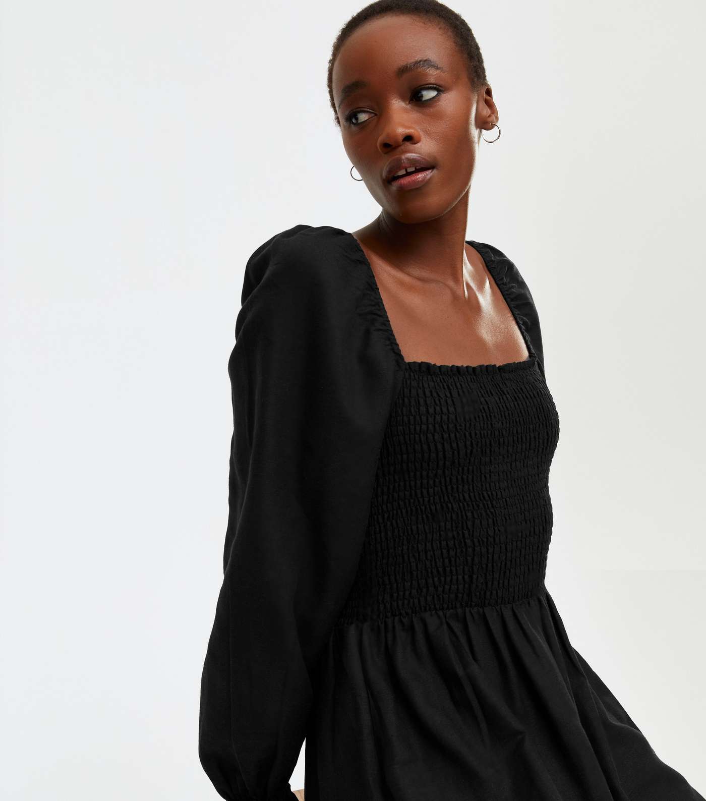 Tall Black Shirred Puff Sleeve Midi Dress Image 4