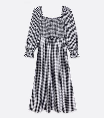 black gingham shirred puff sleeve midi dress