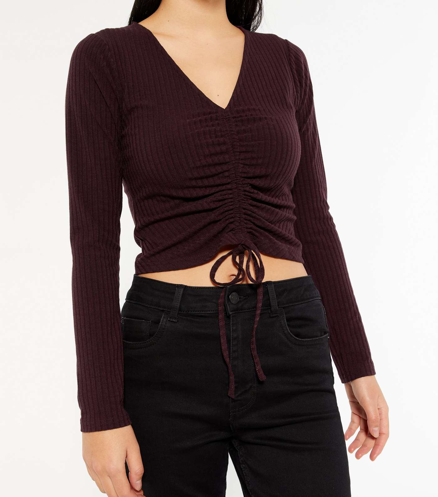 Petite Burgundy Ribbed Ruched Tie Front Top Image 4