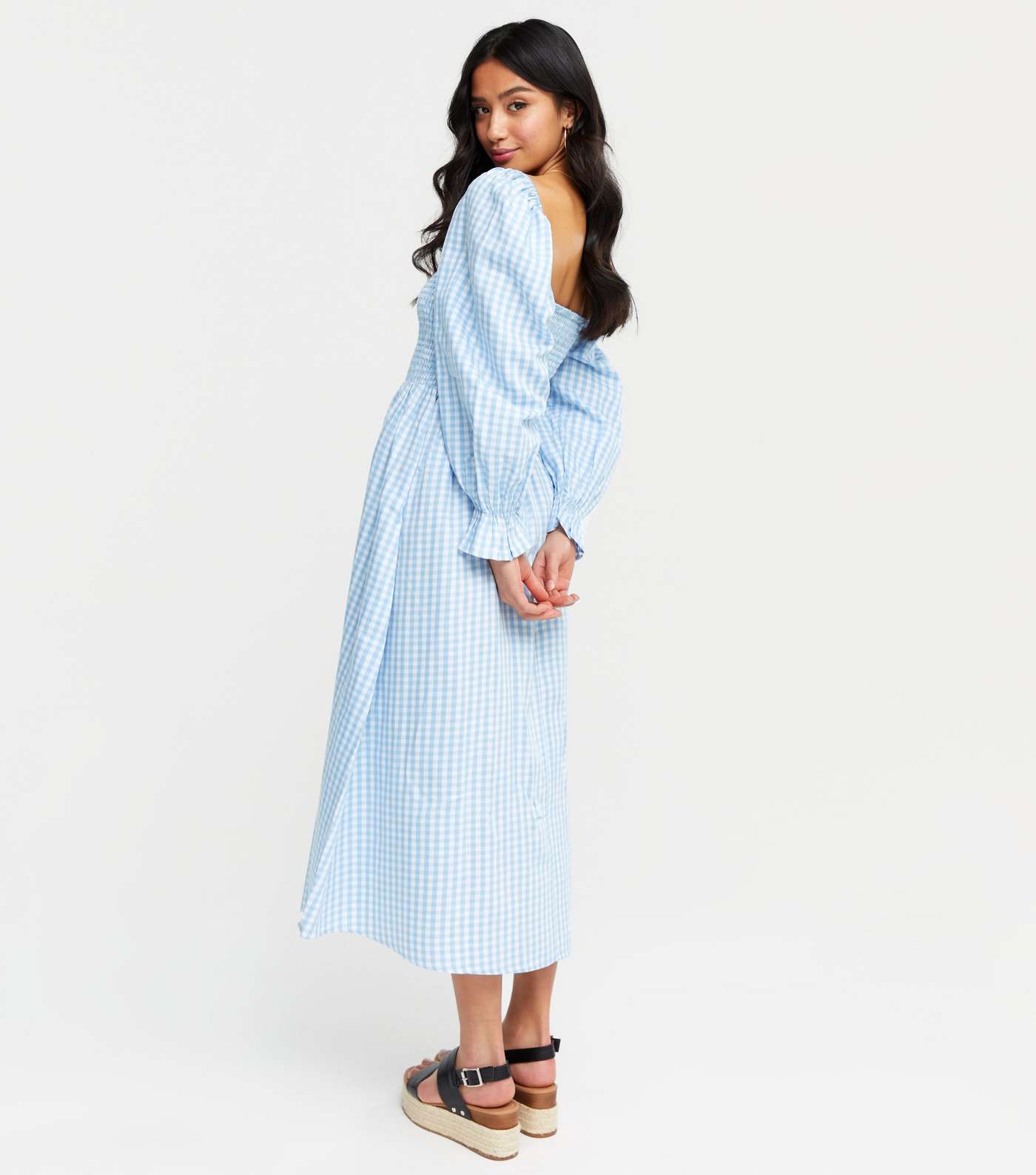 Petite Blue Gingham Shirred Puff Sleeve Midi Dress Image 3