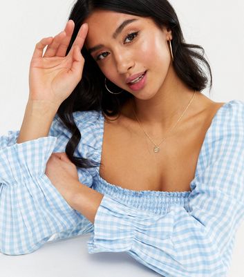 blue gingham shirred dress