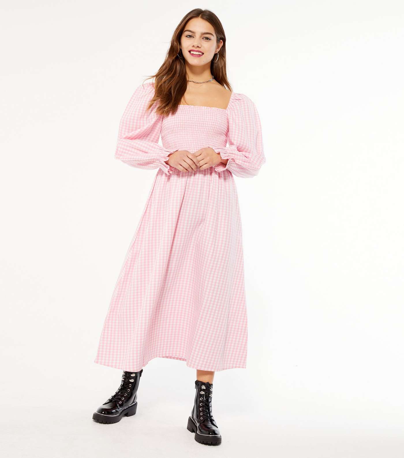 Petite Pink Gingham Shirred Puff Sleeve Midi Dress