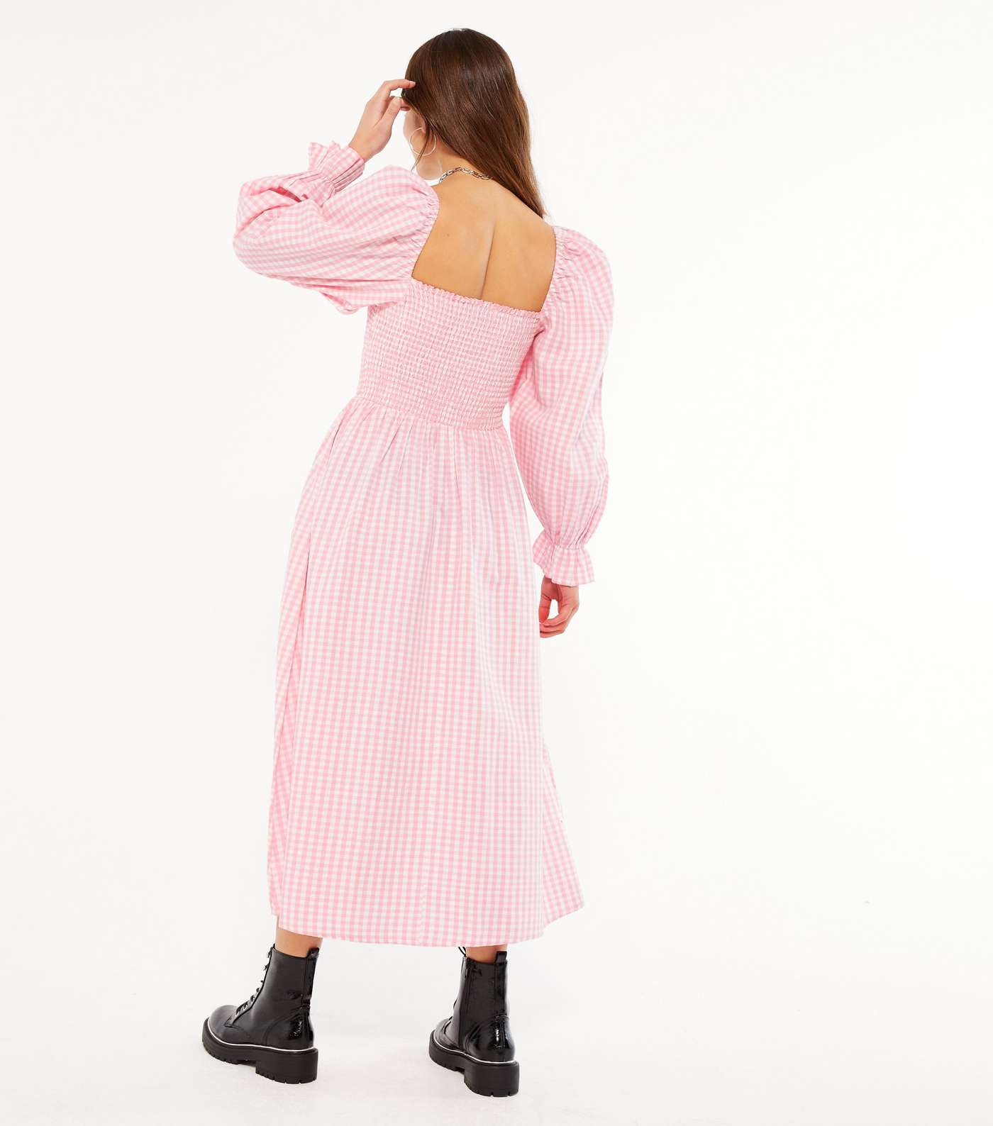 Petite Pink Gingham Shirred Puff Sleeve Midi Dress Image 3