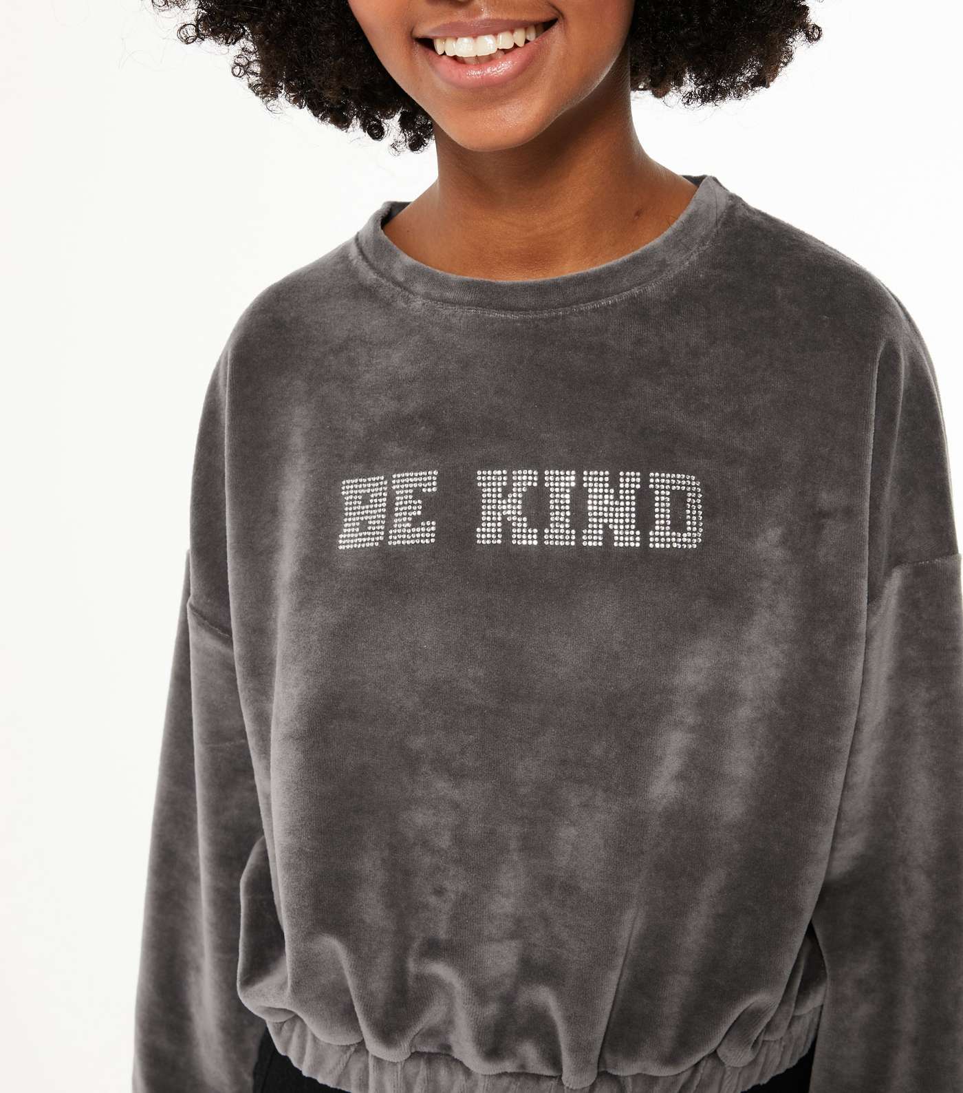 Girls Dark Grey Velvet Be Kind Diamanté Logo Sweatshirt Image 4