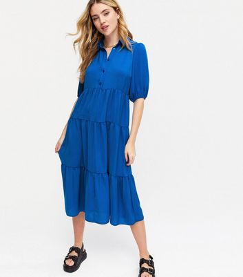 new look midi poplin smock dress in blue