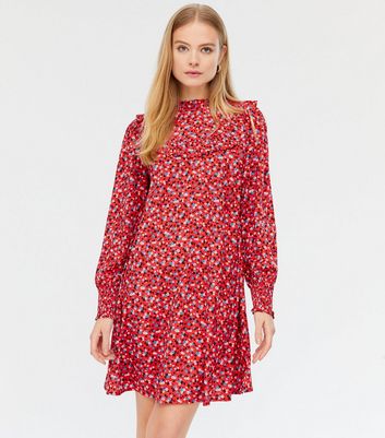 Red Ditsy Floral Frill High Neck Mini 