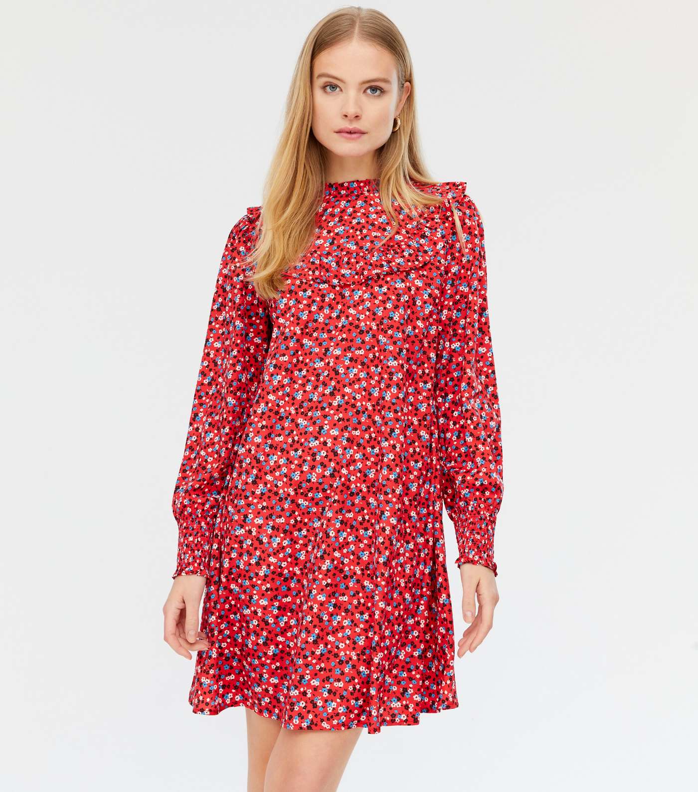 Red Ditsy Floral Frill High Neck Mini Dress 