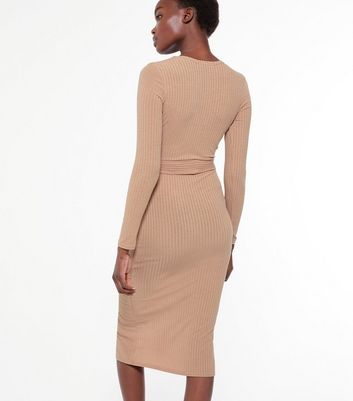 Camel Ribbed Belted Midi Dress | New Look