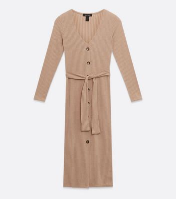 Camel Ribbed Belted Midi Dress | New Look