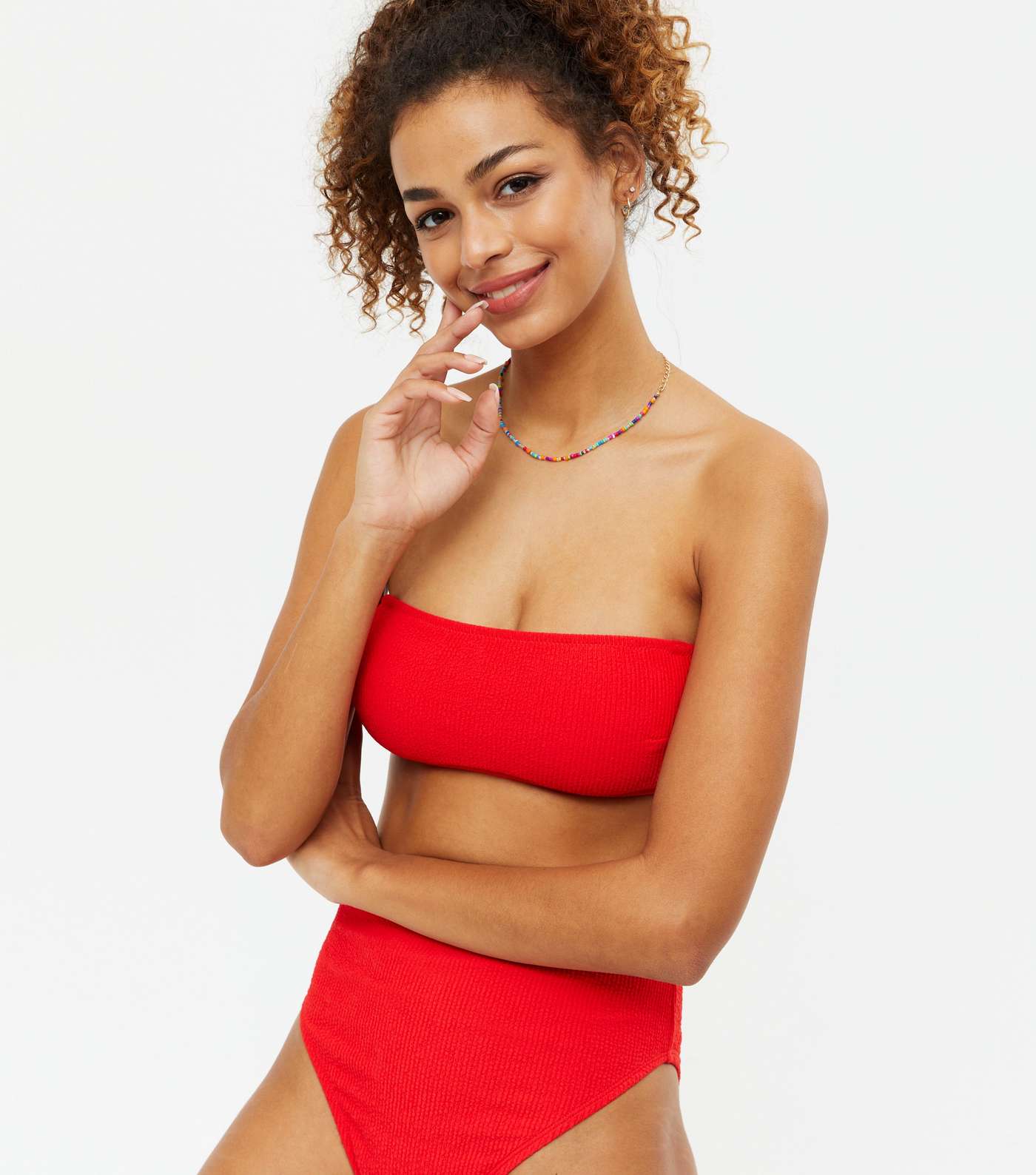 Red Textured Bandeau Bikini Top