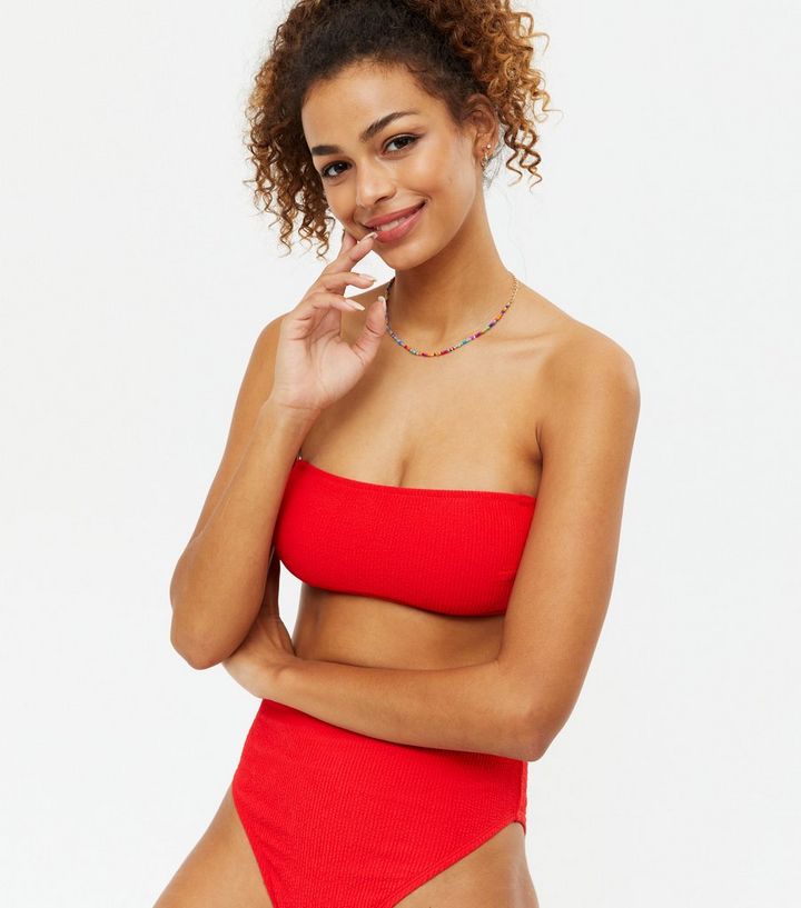 Actualizar Punto muerto folleto Red Textured Bandeau Bikini Top | New Look