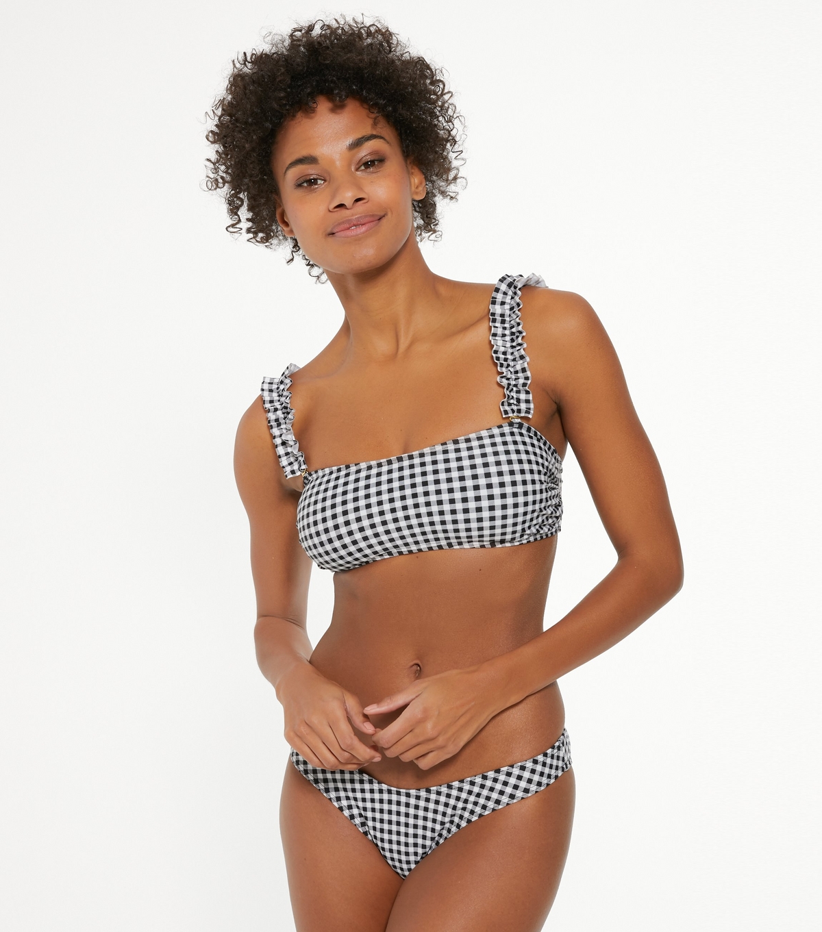 Women's Black Gingham Frill Strap Bandeau Bikini Top New Look