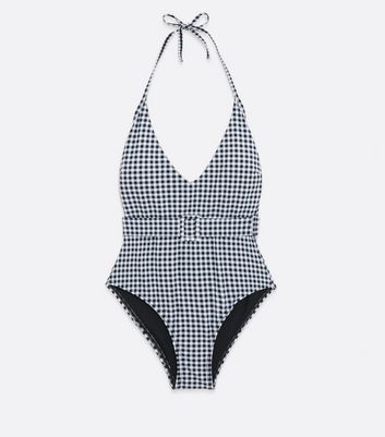 Click to view product details and reviews for Black Gingham Plunge Belted Swimsuit New Look.