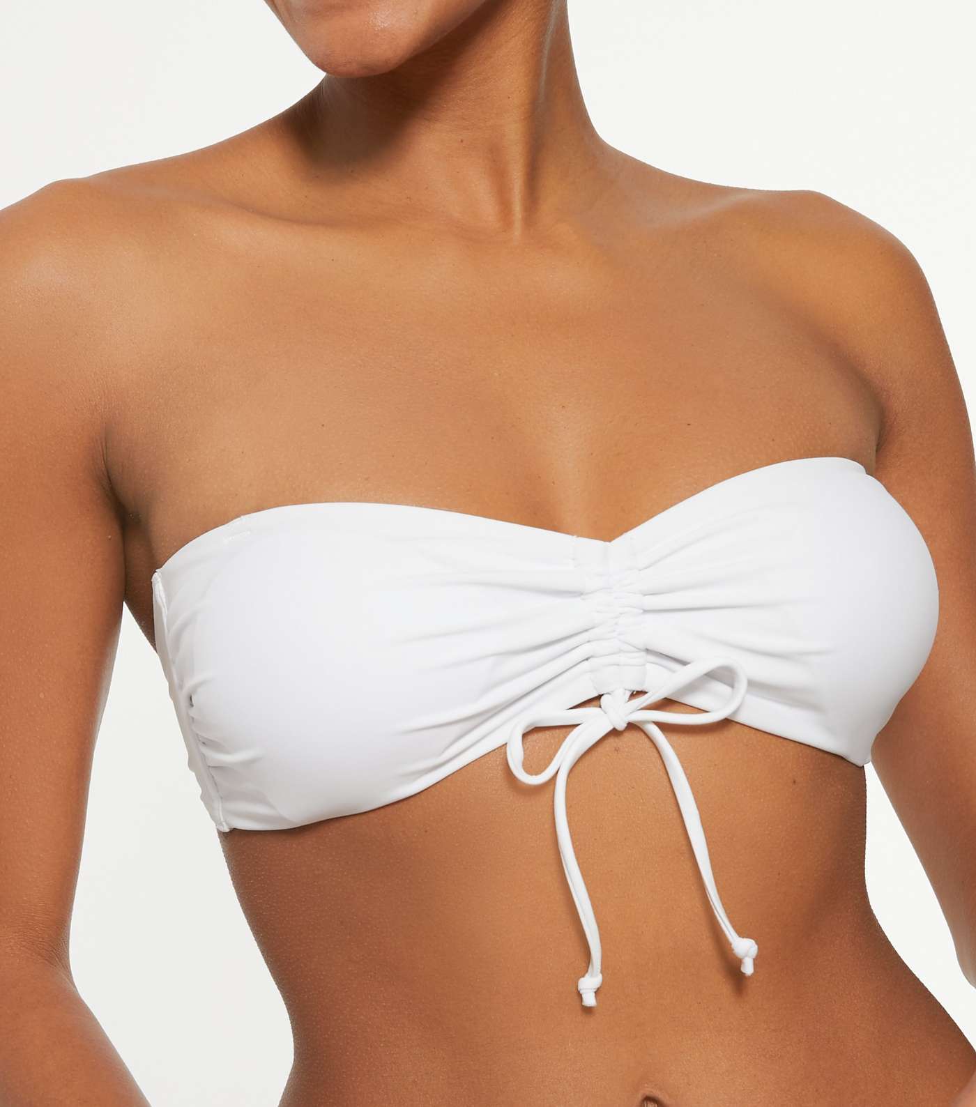 White Ruched Tie Front Bandeau Bikini Top Image 4