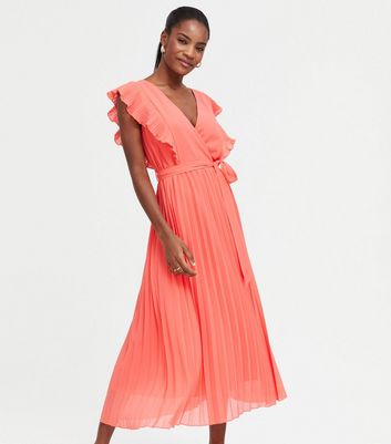 Coral Ruffle Pleated Chiffon Midi Dress New Look