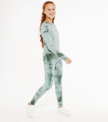 Girls Green Tie Dye Metallic Logo Leggings New Look