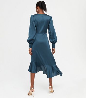 Navy Satin Long Sleeve Wrap Dress New Look