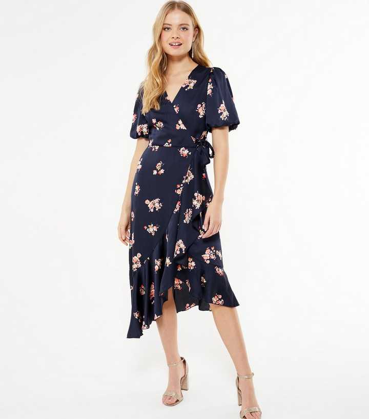 FS Collection Feminine Floral Print Long Sleeve Wrap Style Midi Dress Navy - 10 - SilkFred