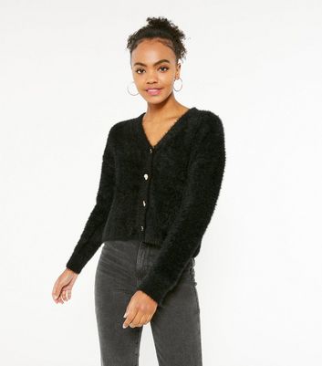 Black Fluffy Knit Heart Button Boxy 