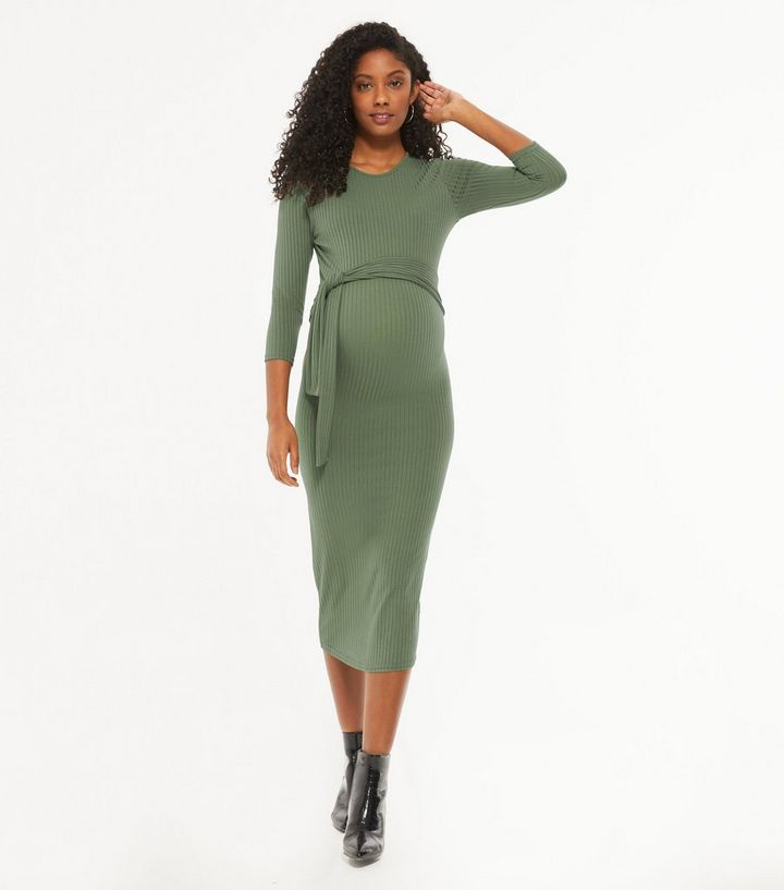 Maternity Olive Ribbed Tie Waist Midi Dress