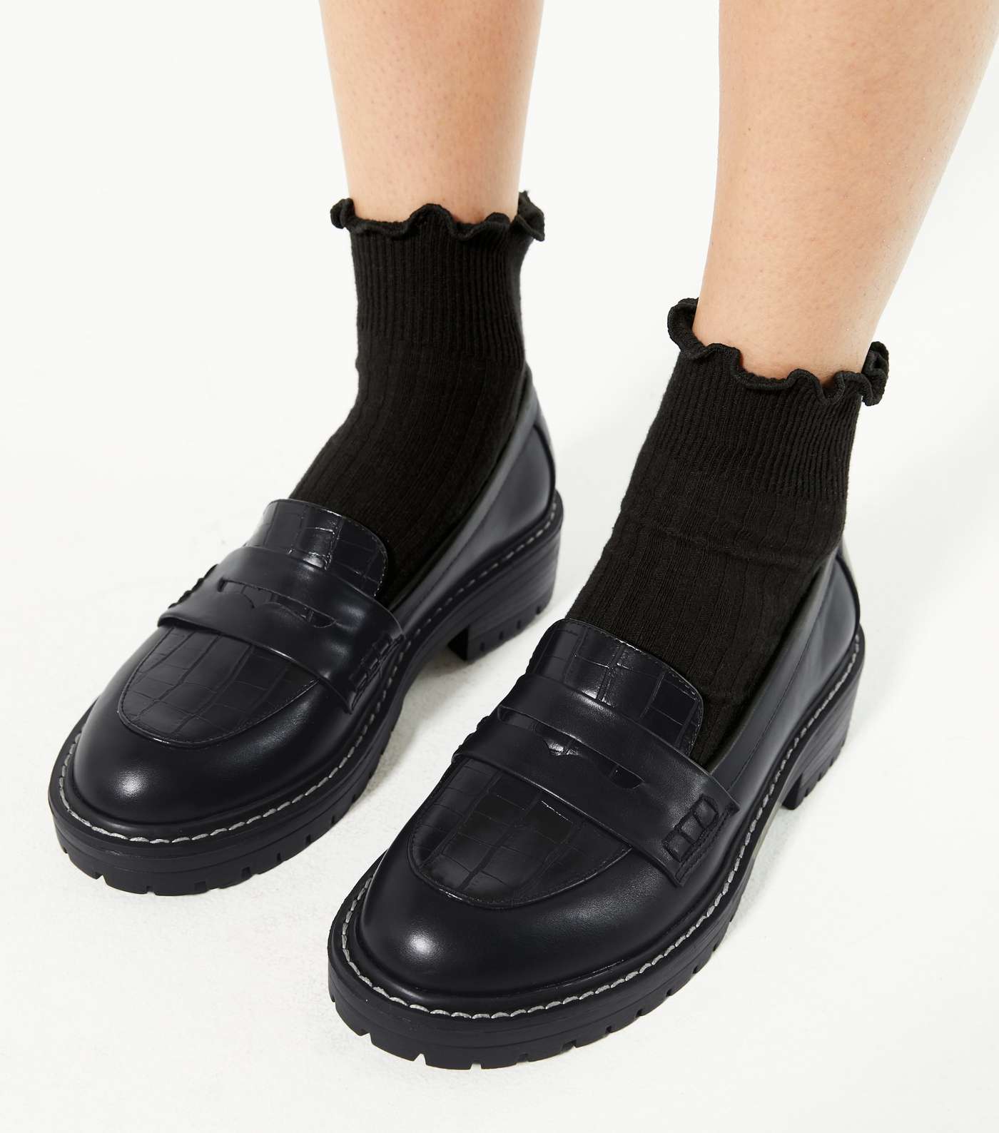 Black Faux Croc Panel Chunky Loafers Image 2
