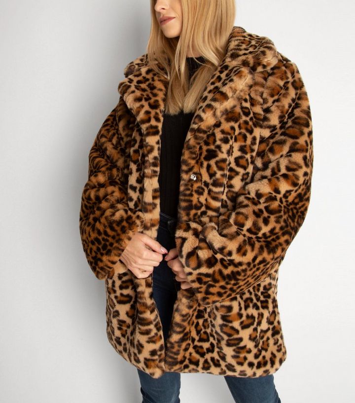 Gini London Brown Leopard Print Faux, Animal Print Fur Coat