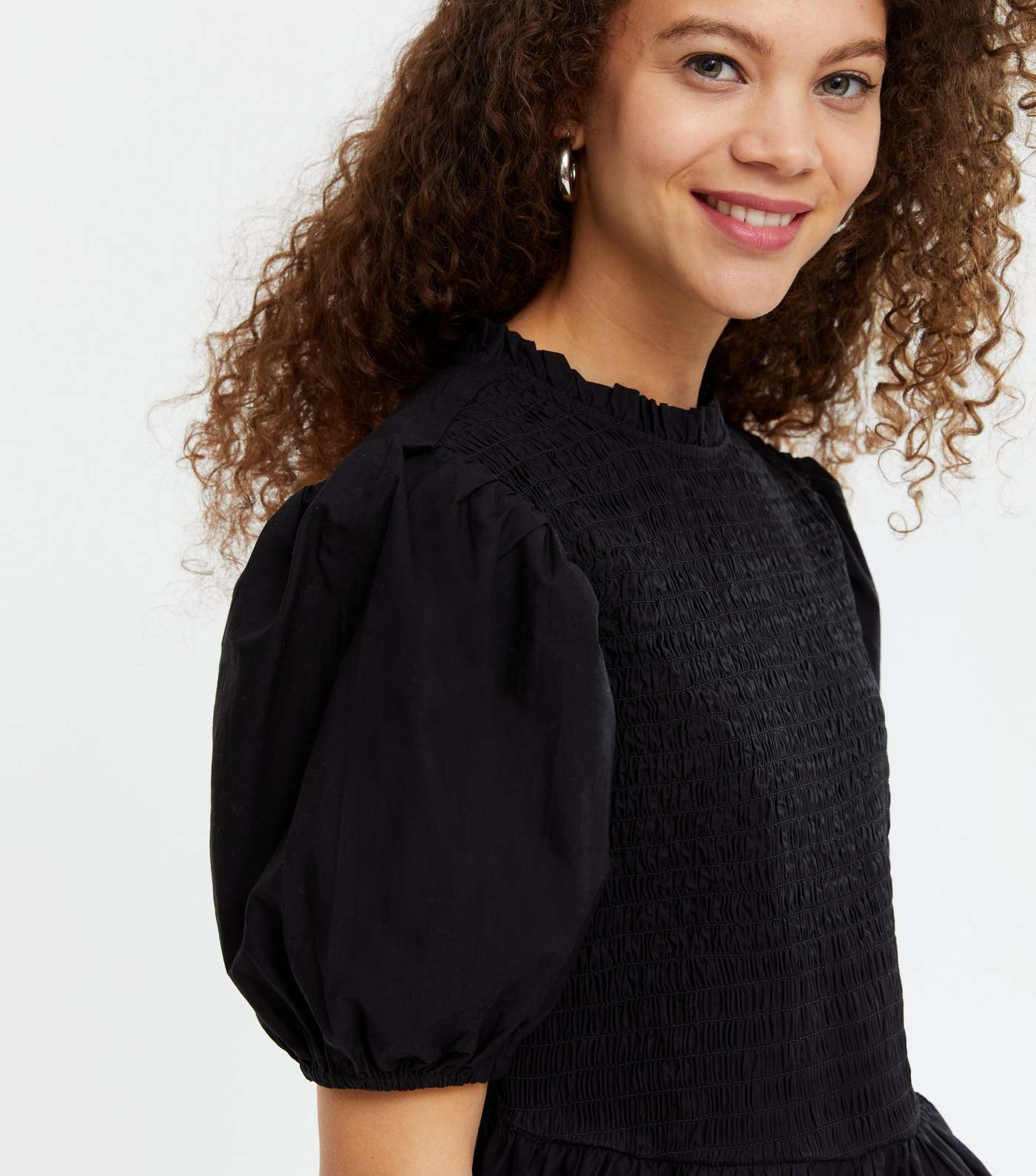 Petite Black Shirred Puff Sleeve Peplum Blouse Image 4