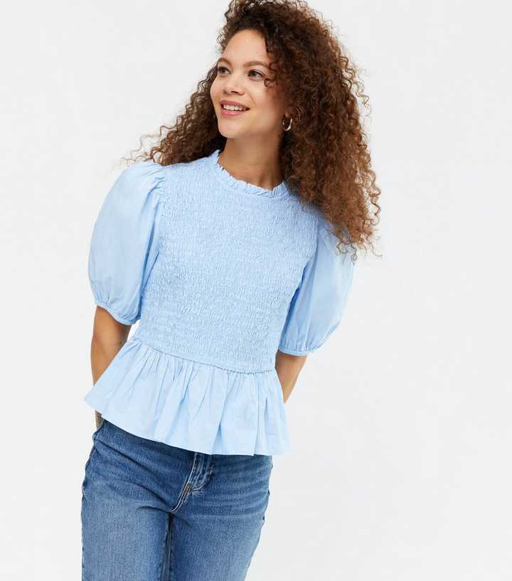 Pale Blue Shirred Frill Peplum Blouse