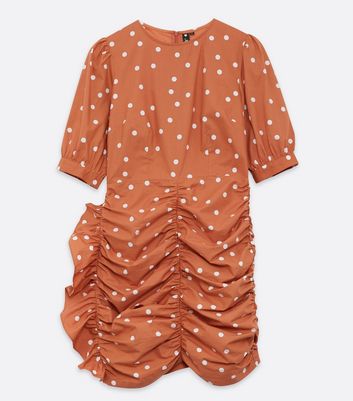 Image of Influence Rust Spot Ruched Puff Sleeve Mini Dress New Look