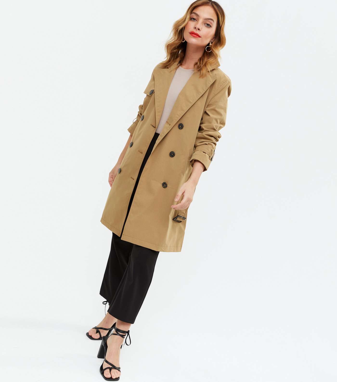 Petite Camel Double Breasted Long Belted Trench Coat Image 2