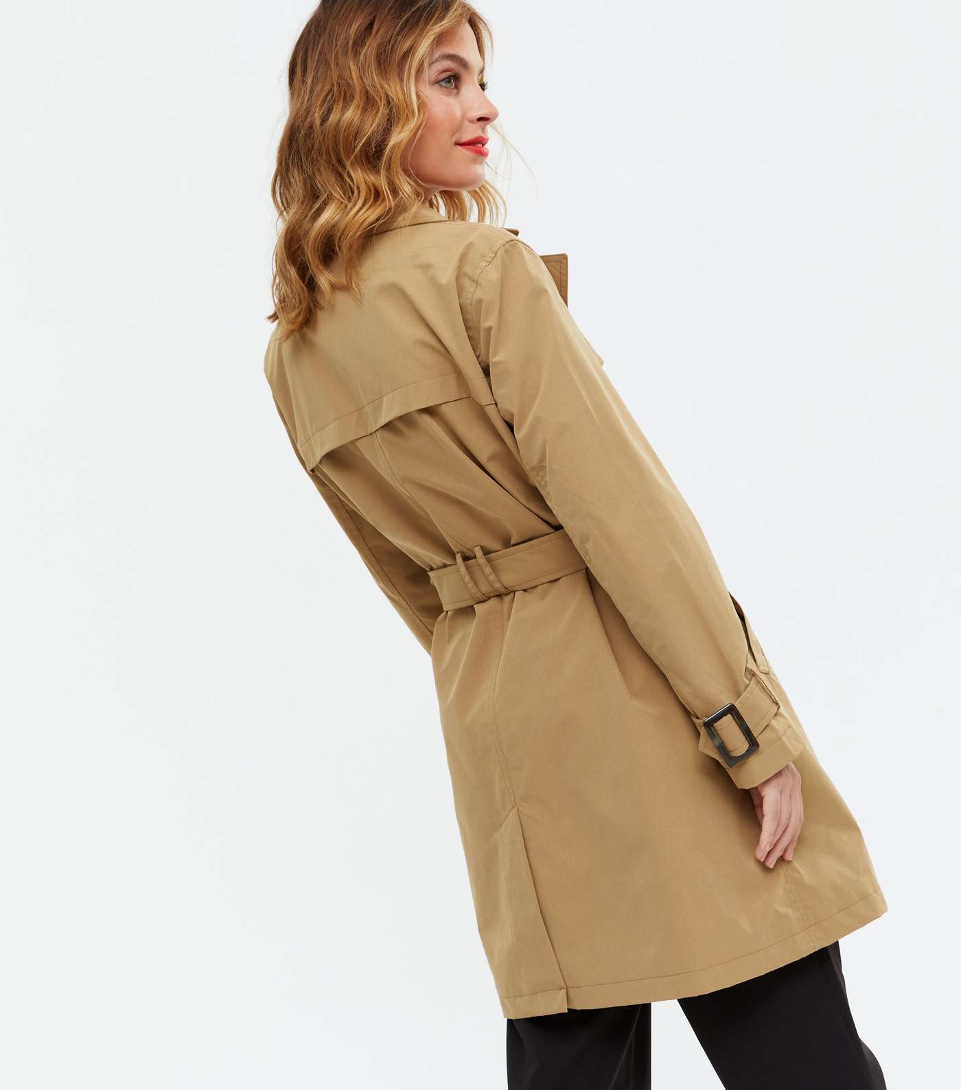 Petite Camel Double Breasted Long Belted Trench Coat Image 4