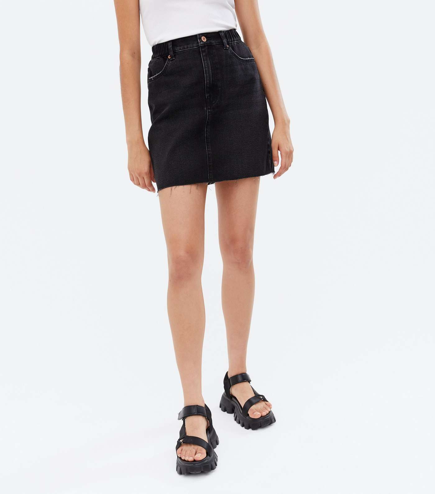 Black Denim Elasticated High Waist Mini Skirt Image 2