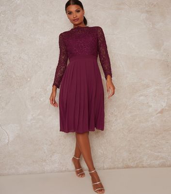 Image of Chi Chi London Dark Purple Lace Pleated Dress New Look