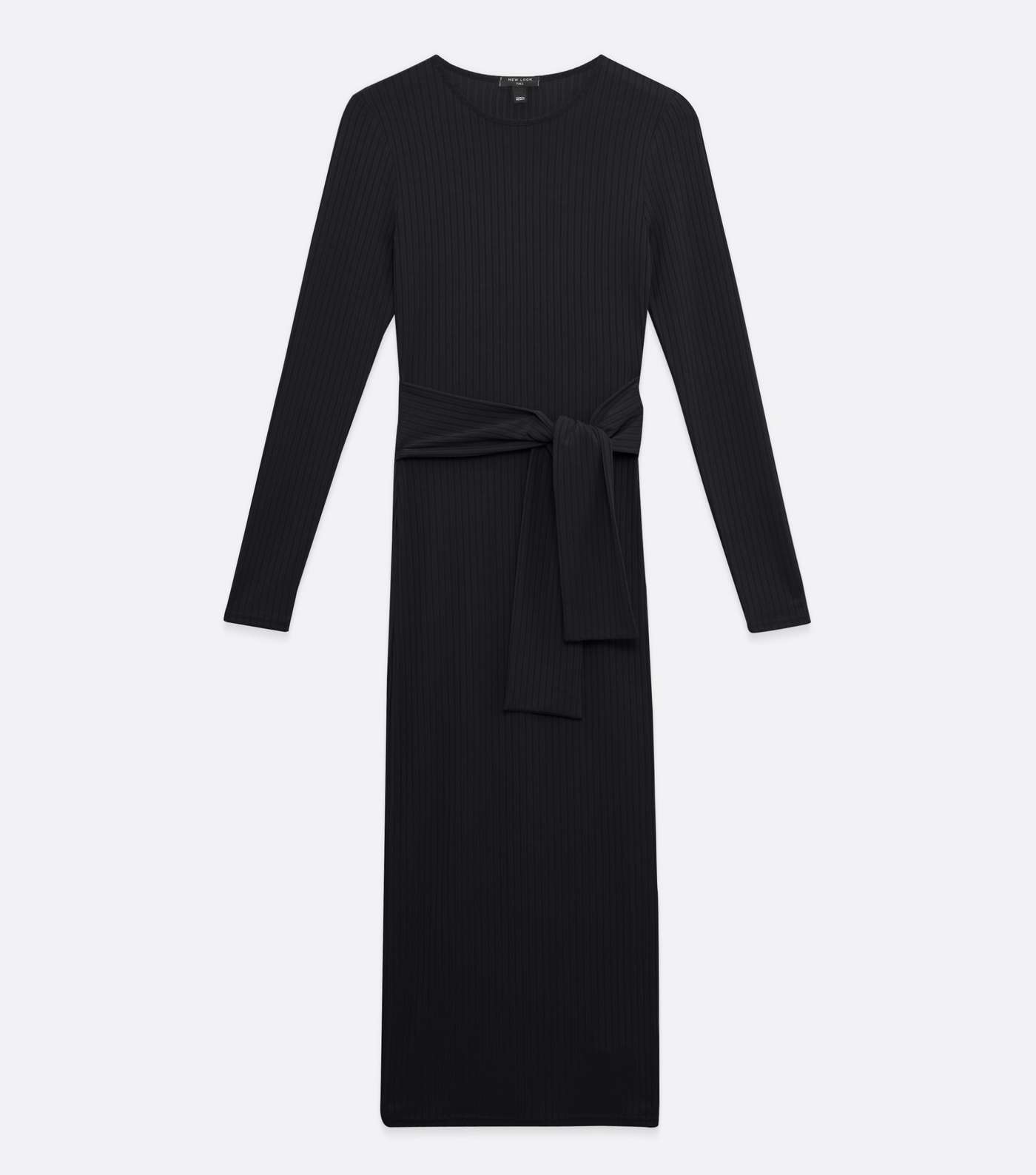 Tall Black Ribbed Tie Waist Midi Dress Image 5