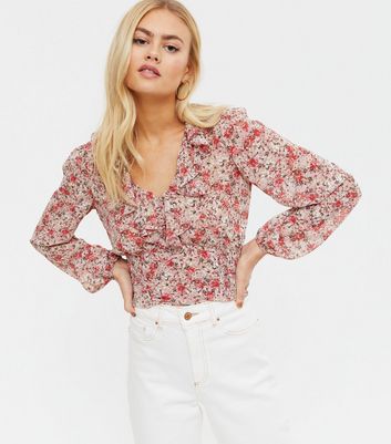Pink Floral Ruffle Shirred Blouse | New 